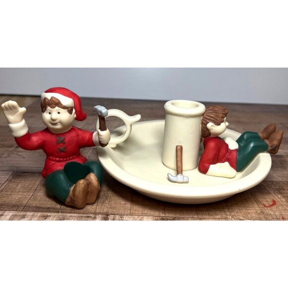 Vintage PartyLite Christmas Candle Holder With Elves - Picture 1 of 7